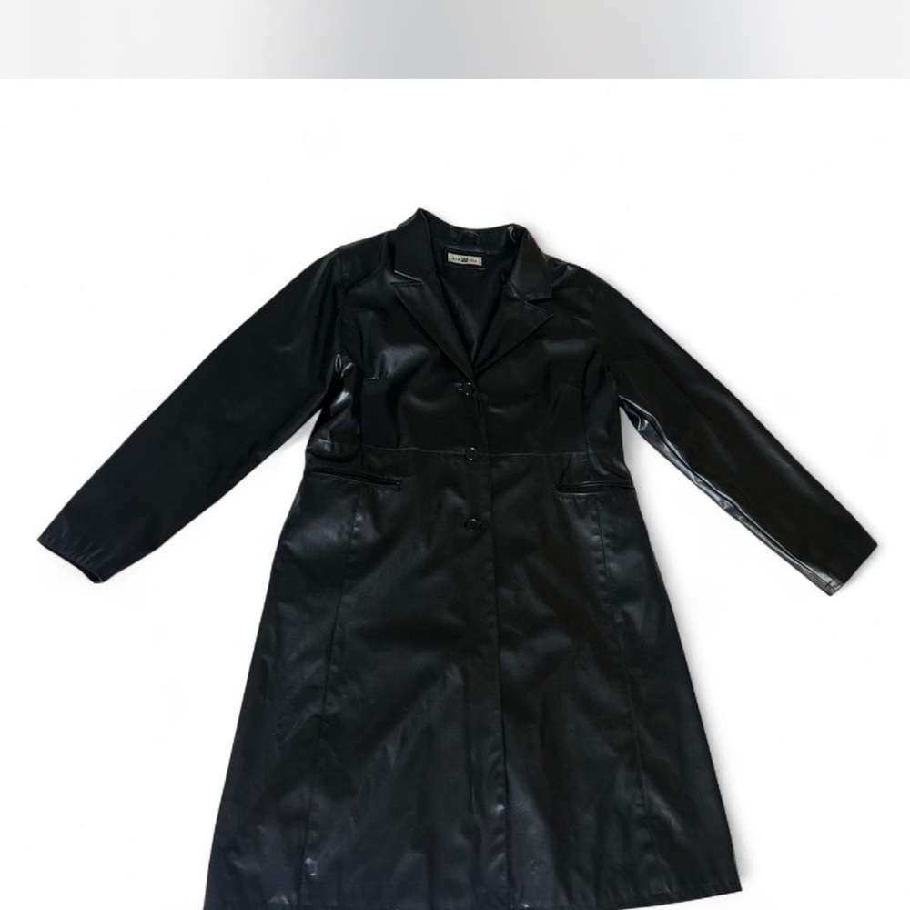 90's Black Faux Leather Long Trench Coat Woman's Large - Picture 3 of 8